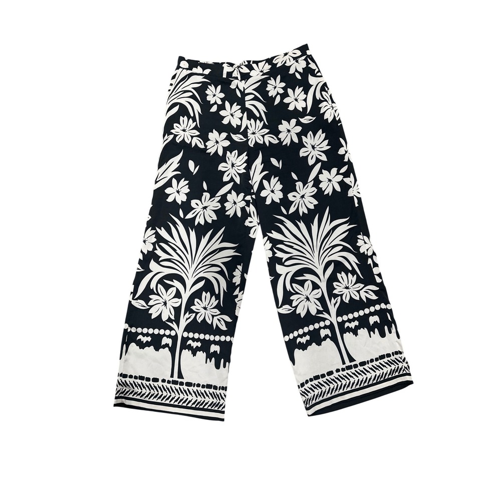Tahari Wide Leg Pants XL Black Floral Tropical Coastal Breezy Botanical Resort